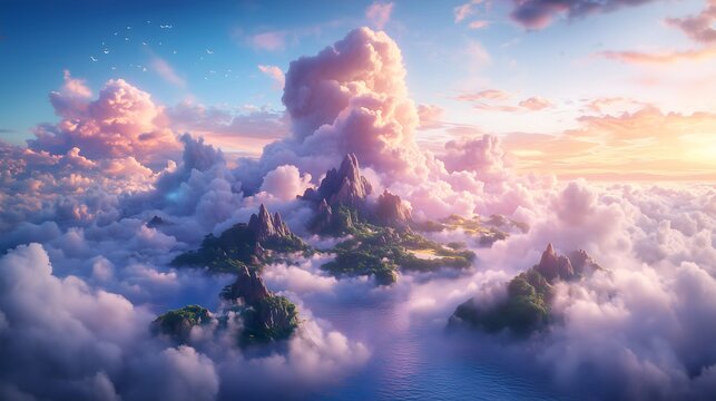 Fluffy pastel clouds above a serene island landscape during a vibrant sunset hour