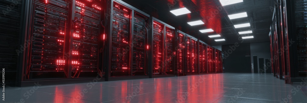 Leinwandbilder overloaded server room shows blinking red lights while maintaining a clean left layout