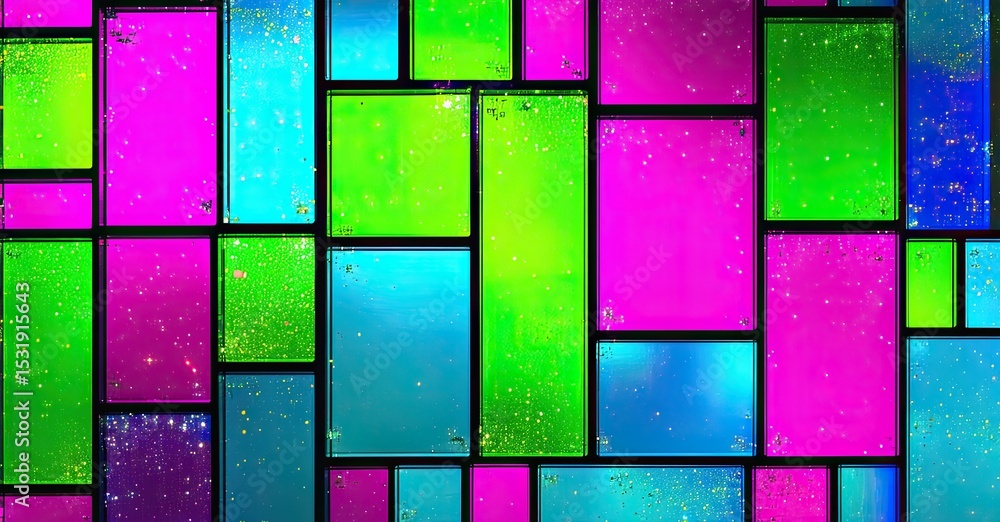 Poster abstract rectangles, vibrant colors, glowing particles. black background creates striking visual con