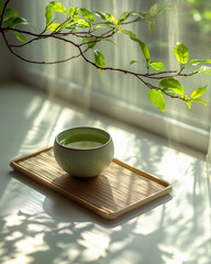 Green Tea Zen: Refreshing Drink on Bamboo Tray with Natural Light and Foliage