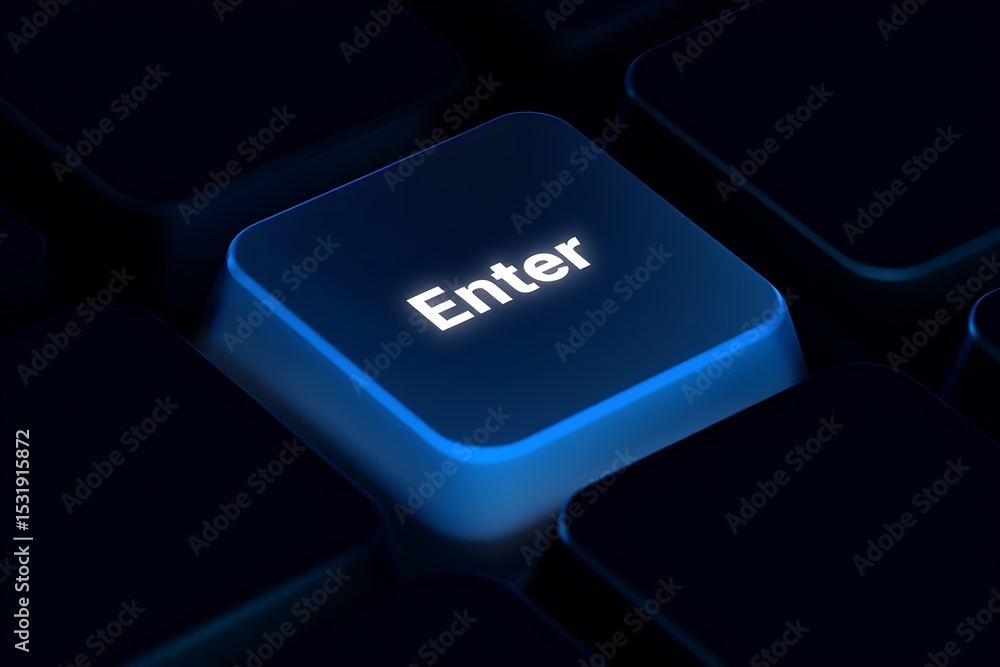 Fototapete closeup view of a dark blue illuminated enter key on a black computer keyboard the key glows with a 