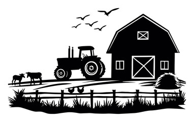 Obraz premium Black and White Farm Scene with Tractor, Barn, Cows, and Birds