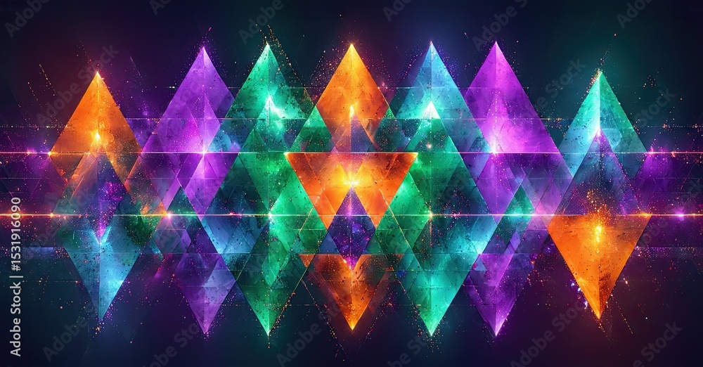Poster Vibrant geometric pattern. Triangles glow, creating dynamic light effects. Dark background emphasizes colorful shapes, futuristic design.