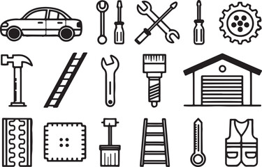 Fototapeta premium Garage elements vector line art icon set. transport tools, labor cloth, repair equipment .Editable stroke outline