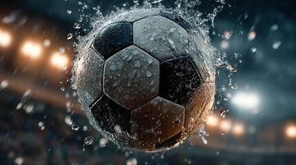 Fototapeta premium Water splashing off a soccer ball in a blurred stadium setting