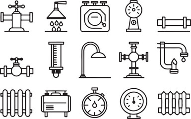 Heating and plumbing vector line art icon set. Plumbing tools, pipe, repair, labor, miter. Editable stroke outline