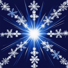 Bright white light radiates at the center surrounded by symmetrical, sparkling snowflakes against a deep blue background.