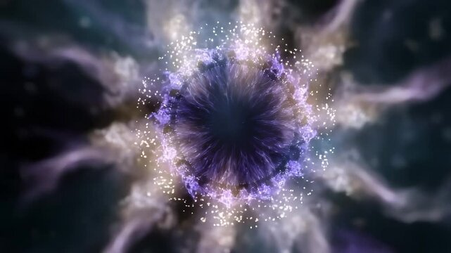 Radiant cosmic flower explosion with glowing particles and purple energy waves, ideal for looped spiritual, psychedelic, or abstract visuals.

