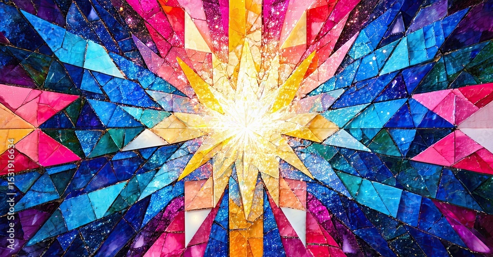 Poster bright mosaic radiates outward. vivid colors blend, creating starburst effect. geometric shapes form