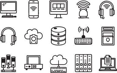 Information and technology vector line art icon set. Tv, network, wifi, internet, connection, database, signal, cloud data, monitor. Editable stroke outline