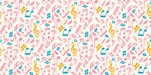 Seamless pattern of pink, orange, and blue music notes on off-white background in modern flat style
