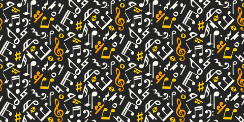 Seamless pattern background of hand-drawn white and yellow music notes on black, in a flat and contemporary style © Little Joy Designs