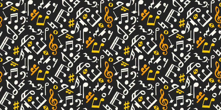 Seamless pattern background of hand-drawn white and yellow music notes on black, in a flat and contemporary style