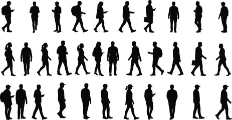 Silhouette of diverse walking people, men and women using smartphones, city pedestrian set, business and casual characters, vector isolated urban lifestyle illustration, black shapes