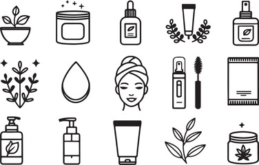 Monochrome skincare products vector line art icon set. Face wash, beauty cream, glow, smooth, cream, natural product. Editable stroke outline