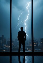 Fototapeta premium Businessman looking at lightning storm over city skyline office window wallpaper art