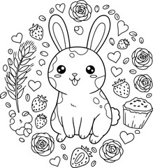A sweet kawaii bunny is surrounded by a delightful wreath of strawberries, roses, and hearts. This charming scene blends nature's beauty with sweet treats, creating a perfect illustration of love.
