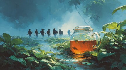 Tranquil Forest Scene with Tea Jar and Silhouetted Travelers