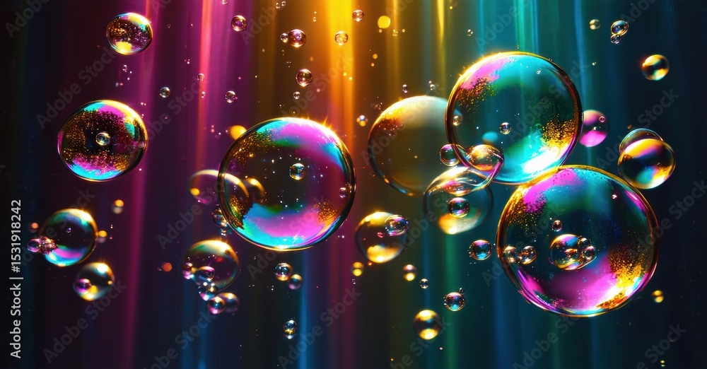 Poster colorful bubbles float against vibrant light streaks. iridescent spheres reflect rainbow hues, creat
