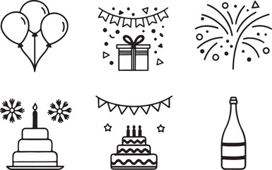 Programme or Event Celebration vector line art icon set. Birthday, party, enjoy, cake, drink. Editable stroke outline