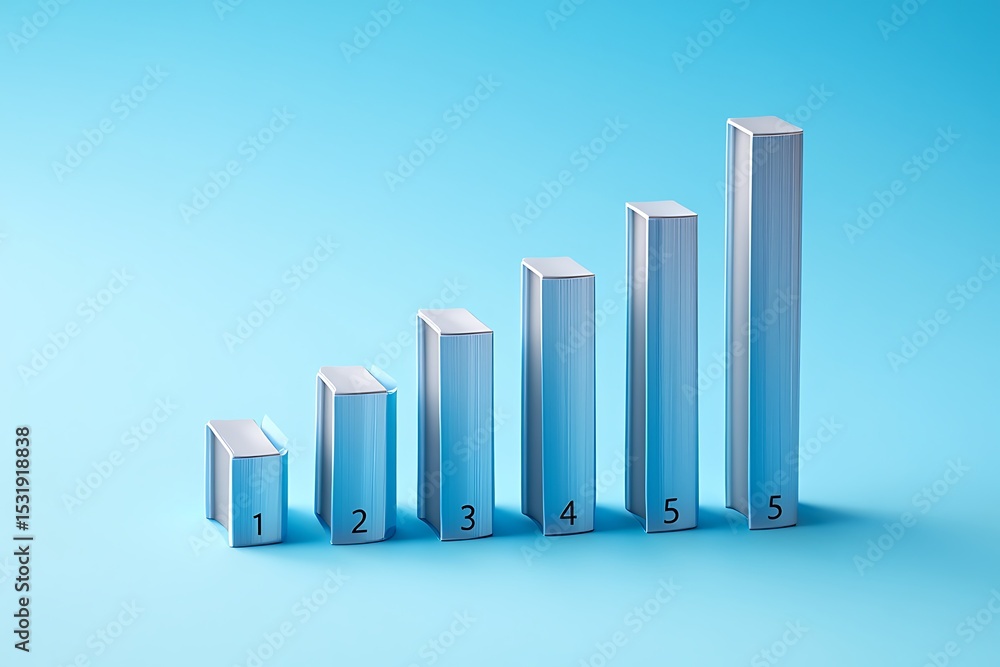 Poster ascending stack of light blue books forming a bar graph on a light blue background each book is numb
