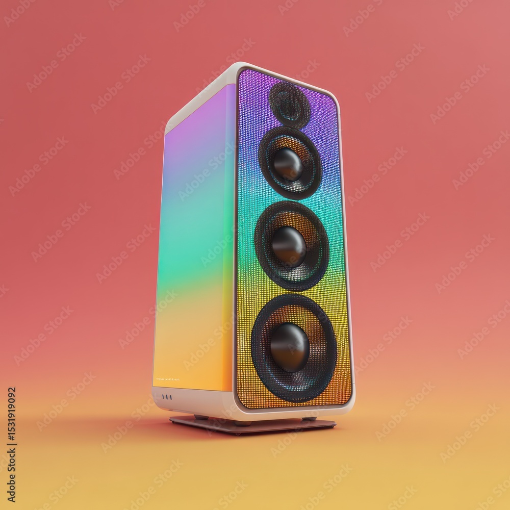 Poster cutting-edge speaker system with a colorful gradient design and multiple drivers for superior sound.