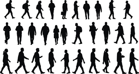 Silhouette vector of people walking, male and female figures, casual urban lifestyle, crowd movement, isolated black characters, business and everyday pedestrians, flat illustration