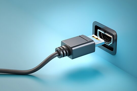Black U S B Cable Connecting to a Port on a Light Blue Surface a Close Up Shot Showing Detail of the Connector and Cable a 3 D Rendered Image Illustrating Digital Connectivity - Powered by Adobe