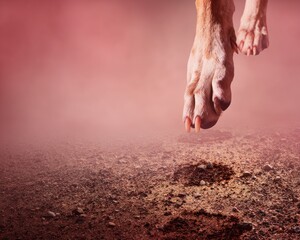 Dog paws descending into a reddish-brown ground