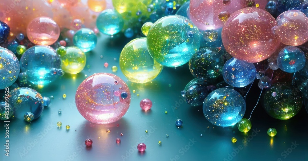 Poster colorful glass spheres scatter across surface. light reflects, creating vibrant, sparkling visual ef