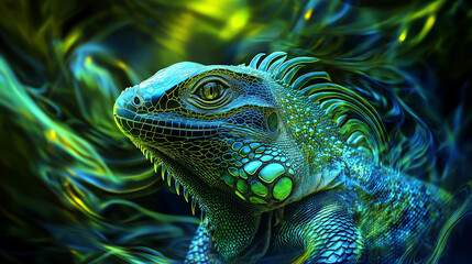 Fototapeta premium Vibrant iguana in glowing abstract background with neon green and blue