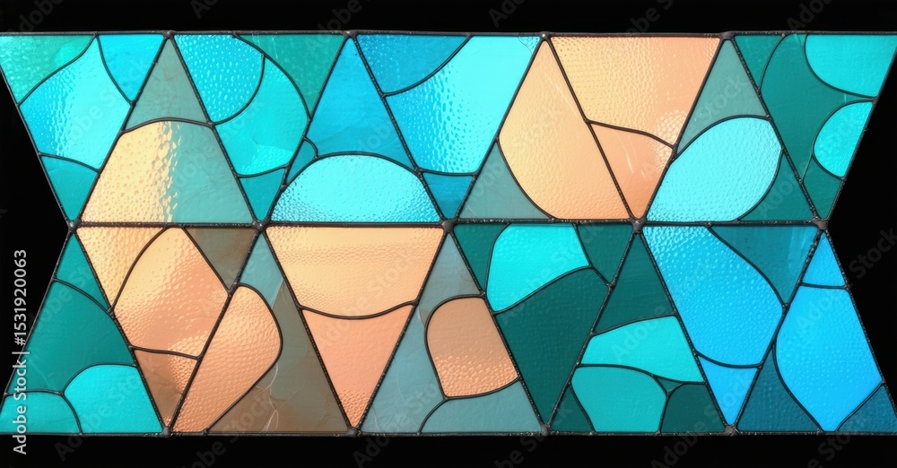 Aufkleber Abstract stained glass panel. Geometric shapes, turquoise, orange hues create textured pattern. Lead lines define sections. Modern design element.