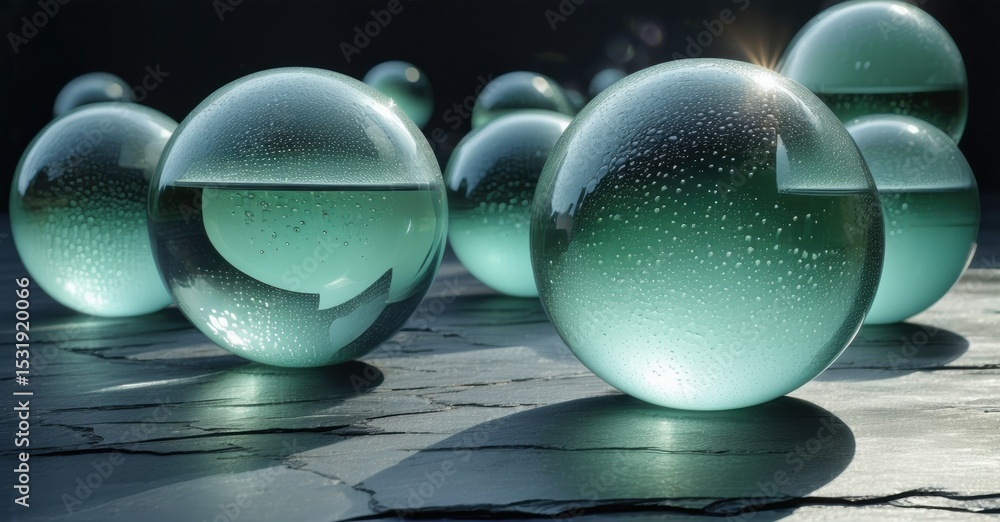 Poster glass spheres reflect light, water droplets visible. dark background emphasizes rounded forms, creat