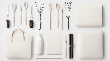 Flat Lay Eco Theme Stationery Mockup with Wooden Utensils and Textured Tote Bag