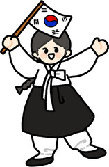 A cheerful Korean girl in hanbok holding a national flag (Taegeukgi) to celebrate Korean Independence Day on August 15.