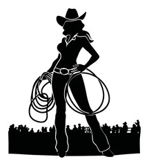 Silhouette of a Confident Cowgirl with Lariats and Rodeo Background
