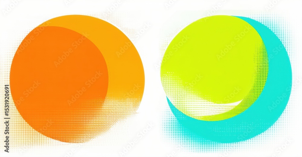 Poster overlapping circles, orange, yellow, turquoise. halftone pattern creates visual texture, simple desi