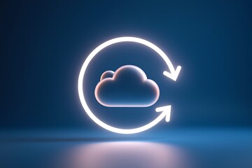 Glowing White Neon Circular Arrow Icon Surrounding a Three Dimensional Gray Cloud Symbol on a Dark Blue Background Illustrating Data Synchronization or Cloud Computing Concept