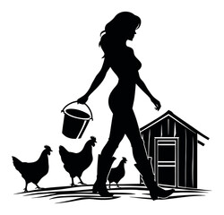 Silhouette of Woman Walking with Chickens and Bucket Near Barn