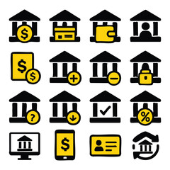 Illustrated Financial Icons Depicting Banking Transactions and Monetary Concepts