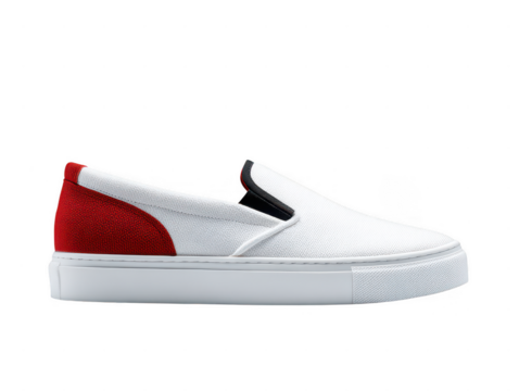 White and red canvas slip on sneaker isolated on transparent background