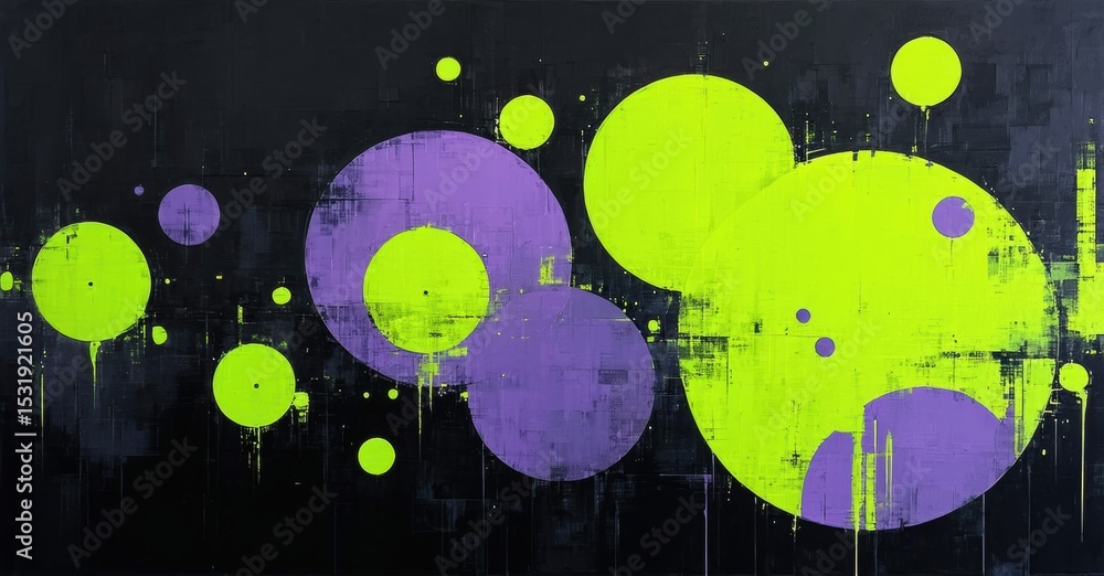 Poster Abstract circles, purple and lime hues, textured background. Dark tones dominate composition, creating dynamic visual effect.