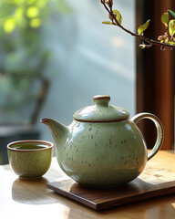 Earthenware Teapot and Cup: A Serene Tea Brewing Moment