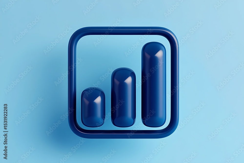 Poster three dimensional dark blue bar graph ascending trend shiny glossy rounded rectangular frame light b