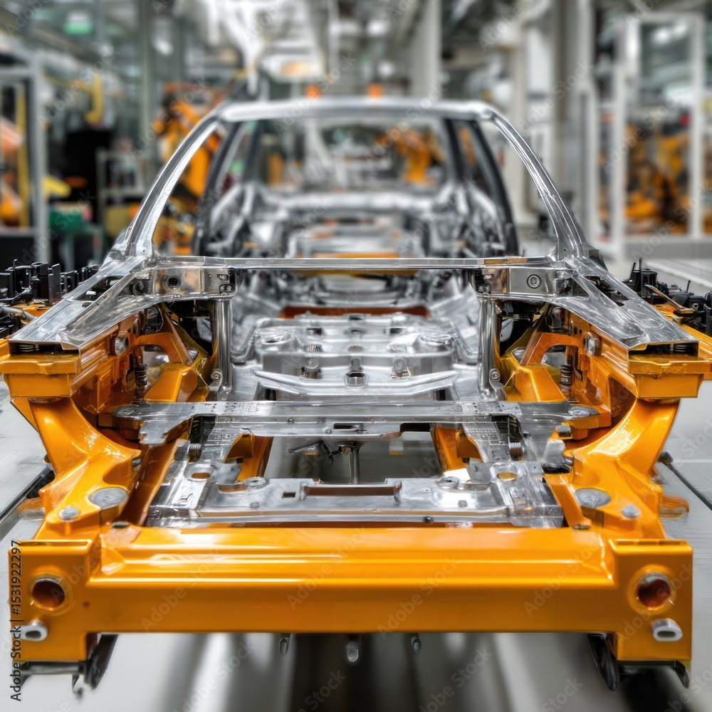 Poster modern automotive chassis being constructed in a high-tech factory with precise, automated systems.