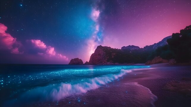 Experience the mesmerizing glow of a bioluminescent beach at night beneath a starry sky