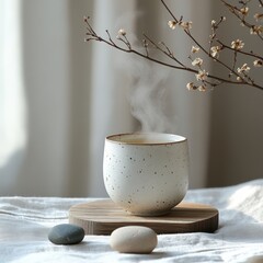 Tranquil Morning Tea: Steaming Ceramic Cup on Wood Coaster with Zen Stones