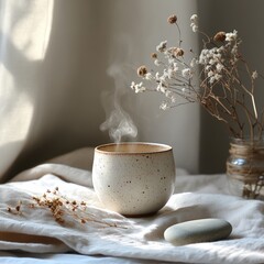 Cozy Morning Ritual: Steaming Ceramic Tea Cup with Dried Flowers