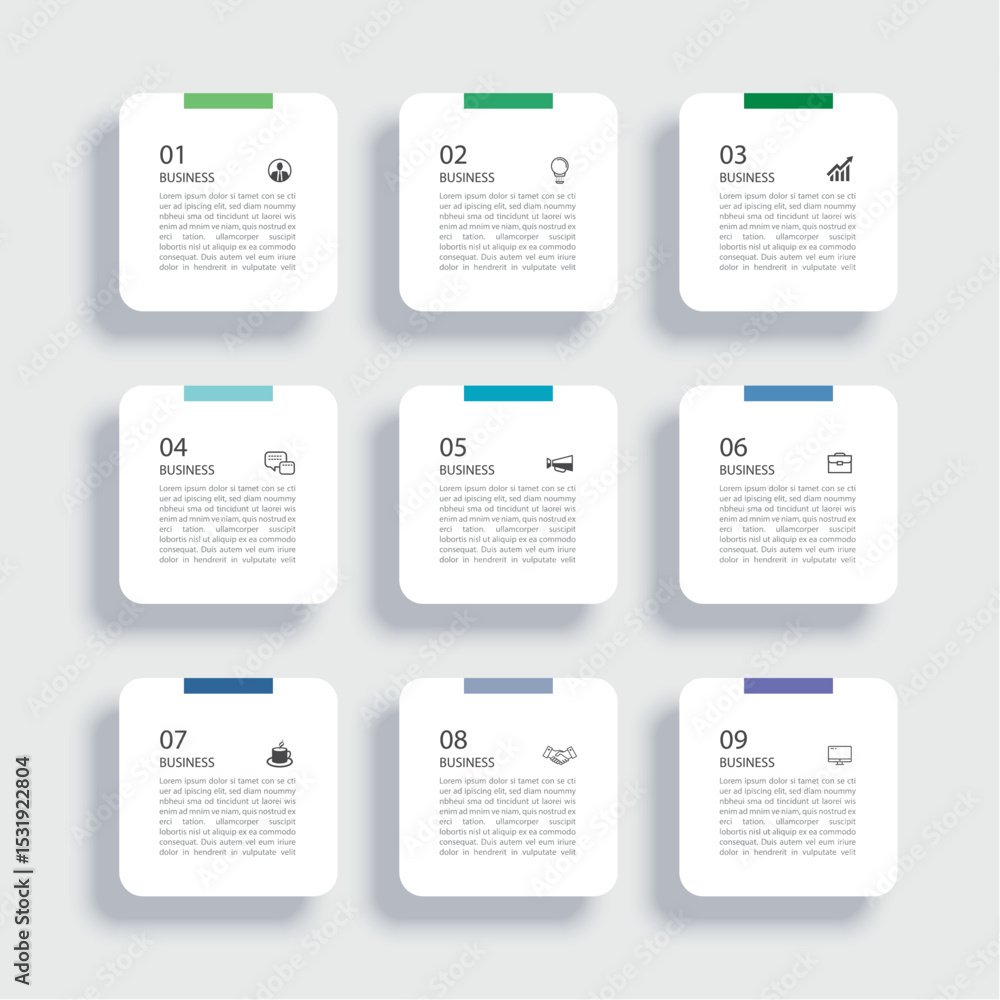 Poster 9 data infographics square tab label index template. illustration business abstract background.