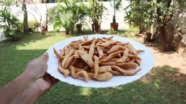 Female serving traditional Indian savory snack, Namakpare or namak para in white plate with house garden background